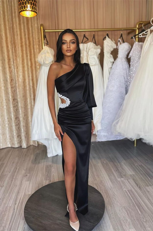Black One Shoulder Evening Dress Hollowing Out Pleated Split