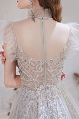 Gorgeous Princess Tulle Prom Dress Lace Sheer Top Long With Beads