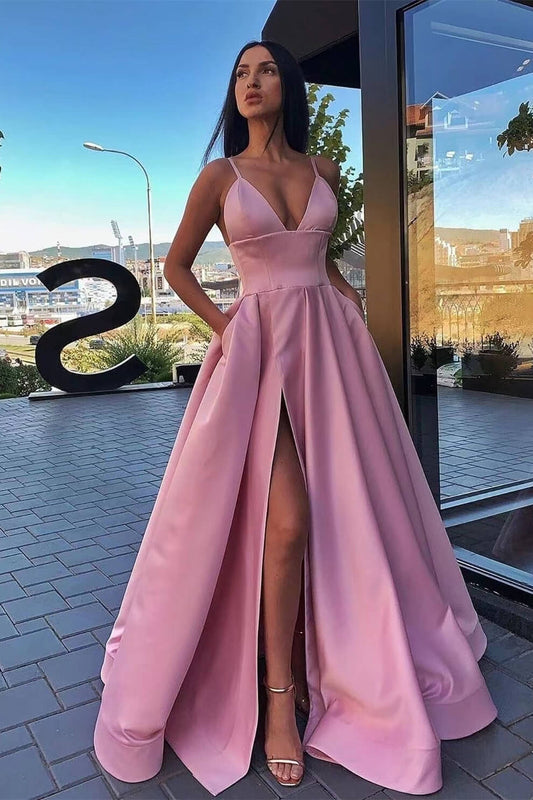  Elegant Burgundy Evening Dress Spaghetti-Straps A Line Split with Pockets