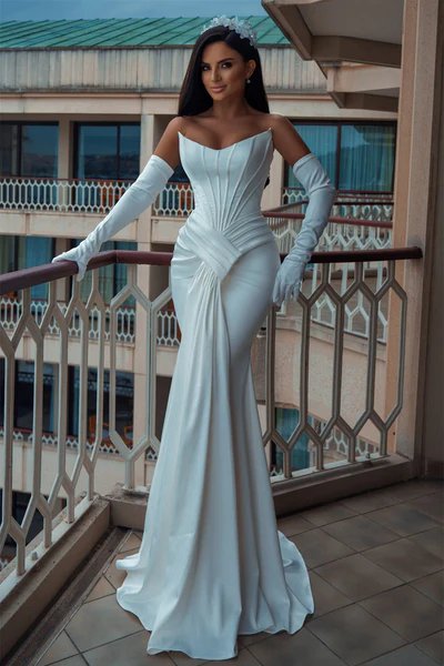 White Satin V-Neck Long Mermaid Prom Dress