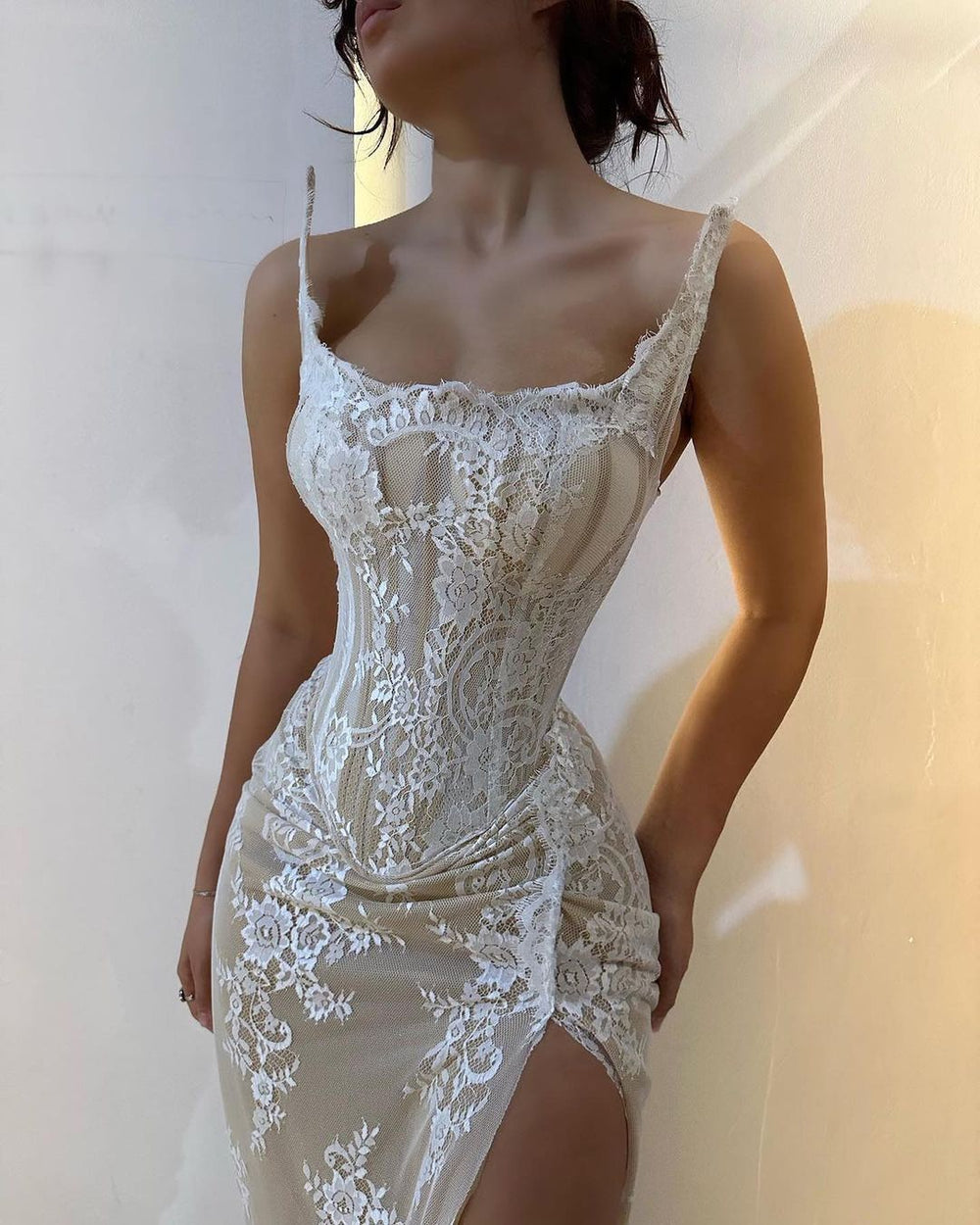 Beautiful Strapless Lace Prom Dresses High Split Long 
