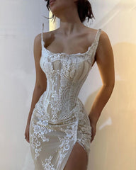 Beautiful Strapless Lace Prom Dresses High Split Long 