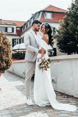 Charmeuse Wedding Gown Featuring an Off-The-Shoulder Neckline and Side Split