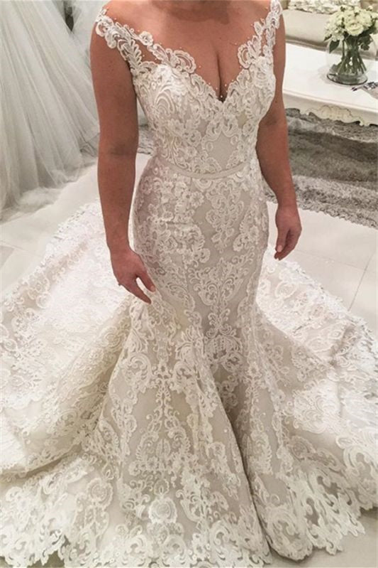 V-Neck Sleeveless Mermaid Wedding Dress with Lace Appliques