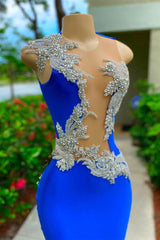 Fabulous Royal Blue Mermaid Prom Dress Sleeveless Long With Appliques Beads