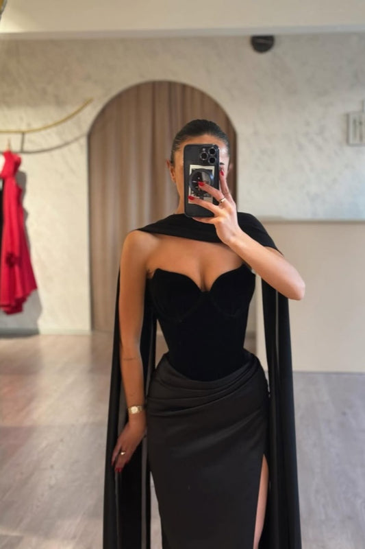 Black Strapless Long Prom Dress Sleeveless with Split