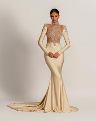 Chic Long Sleeves High Neck Prom Dresses Mermaid With Beads Crystal
