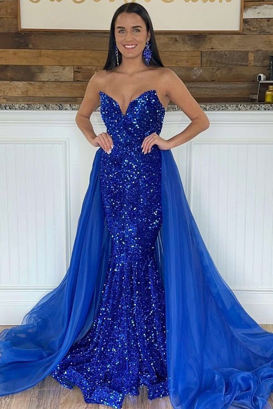 Gorgeous Royal Blue Sweetheart Mermaid Prom Dress Sequins With Detachable Skirt