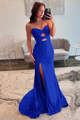 Fuchsia Sleeveless Strapless V-Neck Beaded Split Prom Dress