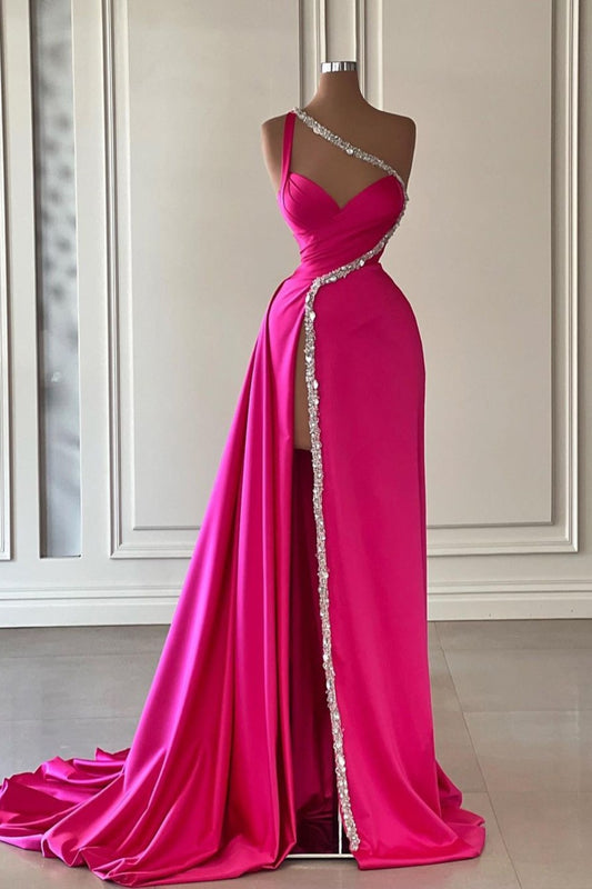 Fuchsia Evening Dress Long One Shoulder With Slit Pleated Beadings