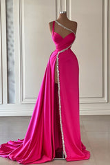 Fuchsia Evening Dress Long One Shoulder With Slit Pleated Beadings