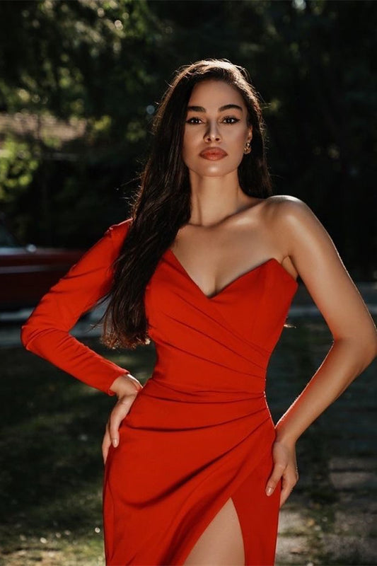 Charming Red evening dress prom dress Charmeuse One shoulder with Slit Pleated