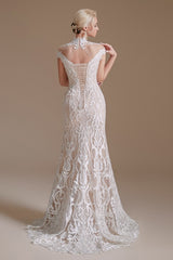 Elegant High-neck Long Lace Mermaid Wedding Dress With Sleeves