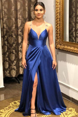 Modern Royal Blue Split Long Prom Dress Spaghetti-Straps