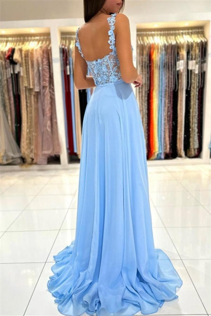Charming Sky Blue Sleeveless Prom Dress Long Chiffon Slit With Lace Appliques
