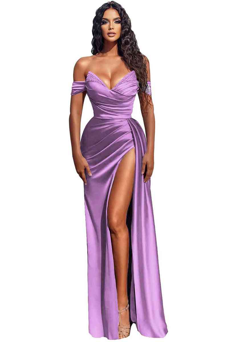Modern Off-the-Shoulder Dusty Blue Mermaid Prom Dress With Slit