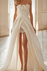 Elegant White Satin A-Line Long Wedding Dress with Strapless Sleeveless Design and Split