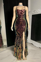 New Arrival Spaghetti-Straps Sequins Prom Dress Mermaid Slit Sleeveless