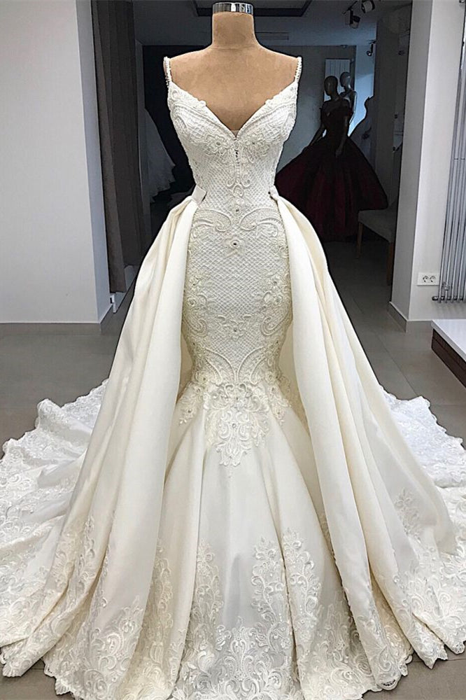 Wedding Dress with Detachable Skirt, Spaghetti Straps, and Mermaid Applique Ruffles