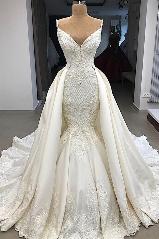 Wedding Dress with Detachable Skirt, Spaghetti Straps, and Mermaid Applique Ruffles