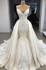 Wedding Dress with Detachable Skirt, Spaghetti Straps, and Mermaid Applique Ruffles
