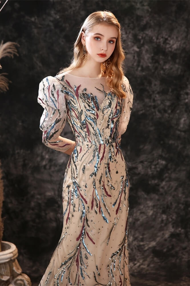 New Arrival Half Sleeves Sequins Mermaid Prom Gown Long Sheer