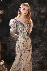 New Arrival Half Sleeves Sequins Mermaid Prom Gown Long Sheer