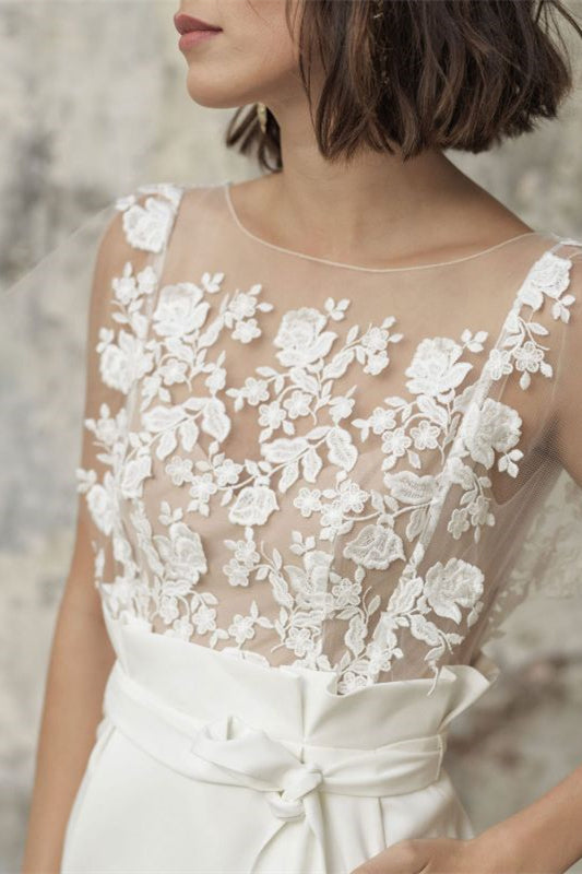 Bateau Wedding Dress with Applique Short and Belt Pocket