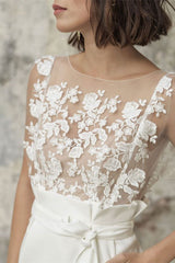 Bateau Wedding Dress with Applique Short and Belt Pocket