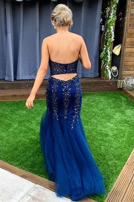 Modern Dark Blue Sweetheart Mermaid Prom Dress Backless With Sequins Beadings