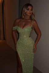 Green Long Prom Dress Sleeveless Split with Sequins