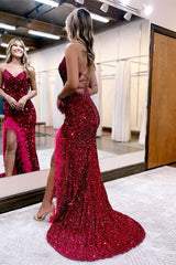 Charming Spaghetti-Straps Velvet Sequins Mermaid Prom Dress Sleeveless Split With Feather