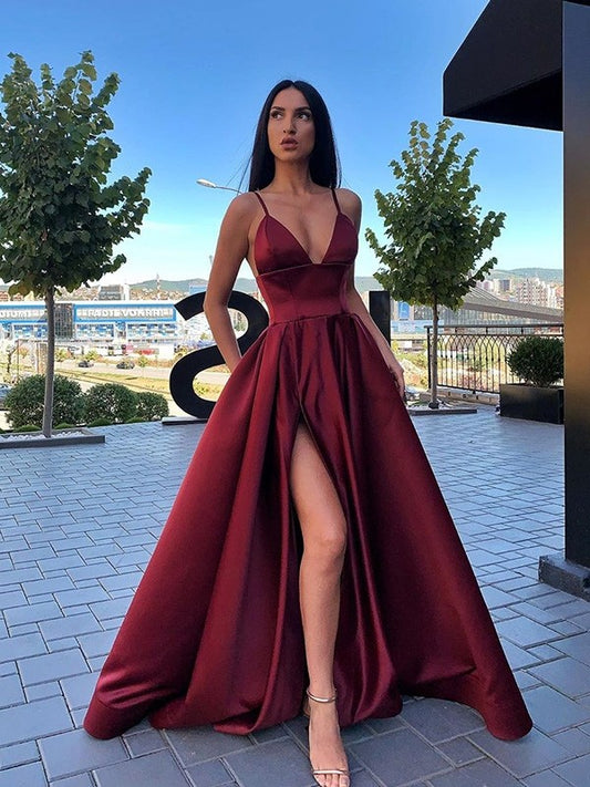 Modern Spaghetti-Straps V-Neck Prom Dress Split With Pocket