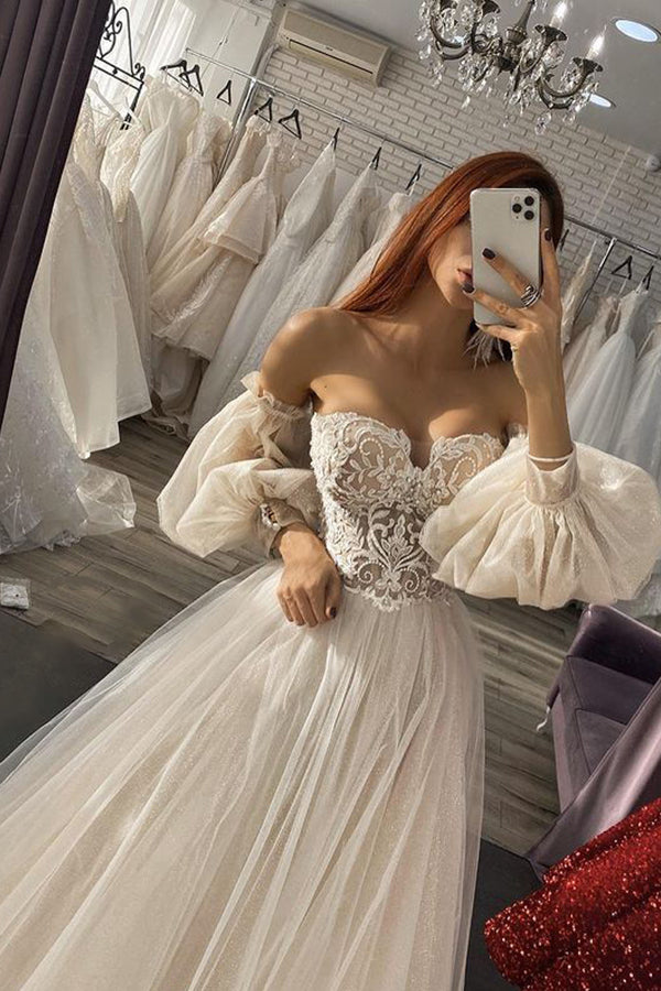 Elegant Off-the-Shoulder A-Line Gown with Long Sleeves and Tulle Appliques