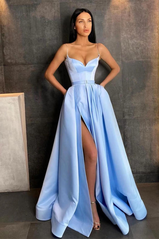 Sky Blue Spaghetti-Straps Prom Dress A Line Split Pockets
