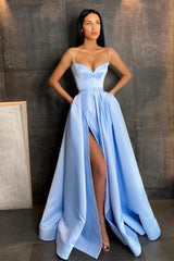 Sky Blue Spaghetti-Straps Prom Dress A Line Split Pockets