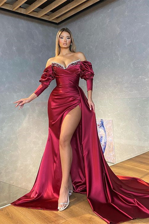 Glamorous Burgundy Long Sleeves Mermaid Prom Dress Slit With Ruffles