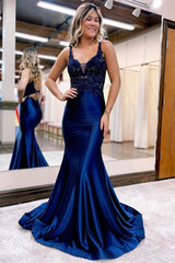 Modern V-Neck Sleeveless Dark Navy Prom Dresses mermaid Long With Beadings