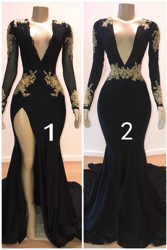 Charming Long Sleeves Black Prom Dress Gold Appliques Long Party Gowns