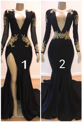 Charming Long Sleeves Black Prom Dress Gold Appliques Long Party Gowns