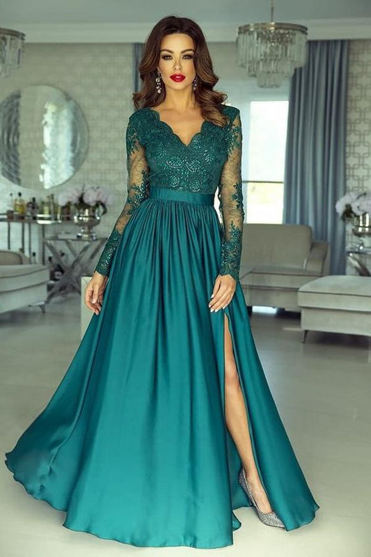 Long Sleeves Dark Green Prom Dress Lace Appliques With Slit