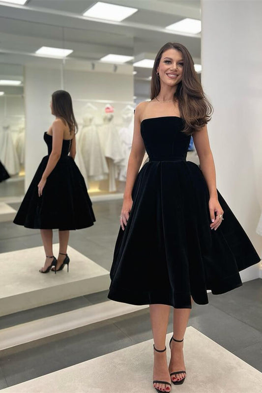 Elegant Black Strapless Sleeveless Tea Length Prom Dress Online