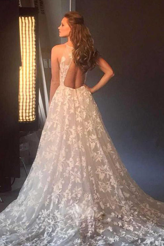 Elegant Boho A-line V-Neck Wedding Gown with Spaghetti Straps and Appliques