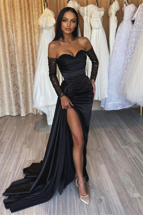 Black Prom Dress Sweetheart Short Sleeves With Slit Pleated