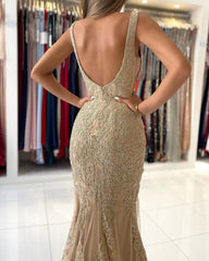 Amazing Gold Appliques Mermaid Prom Dress Long Sleeveless