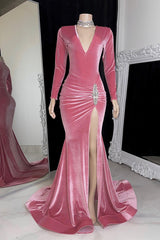Red Prom Dress Long Sleeve Simple With High Slit Pleated