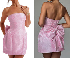 JUMISEE Embroidery Satin Homecoming Dress with Bow Modest Strapless Mini Dresses A Line Short Prom Dress Party Gown