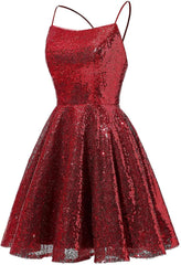 Burgundy Sequin Short  Spaghetti Straps A Line Homecoming Dress Cocktail Dresses