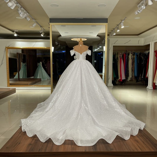 Elegant Long Ball Gowns Wedding Dress with Sequins, Off-the-Shoulder Design