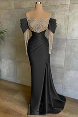 Pink Off-the-Shoulder Front Split Mermaid Long Sleeves Prom Dress Beadings with Appliques